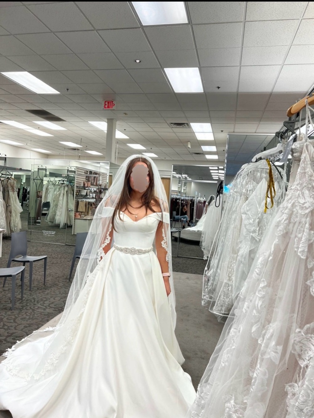 David’s Bridal WG3979 Ivory Wedding Dress with S2051 Beaded Satin Sash